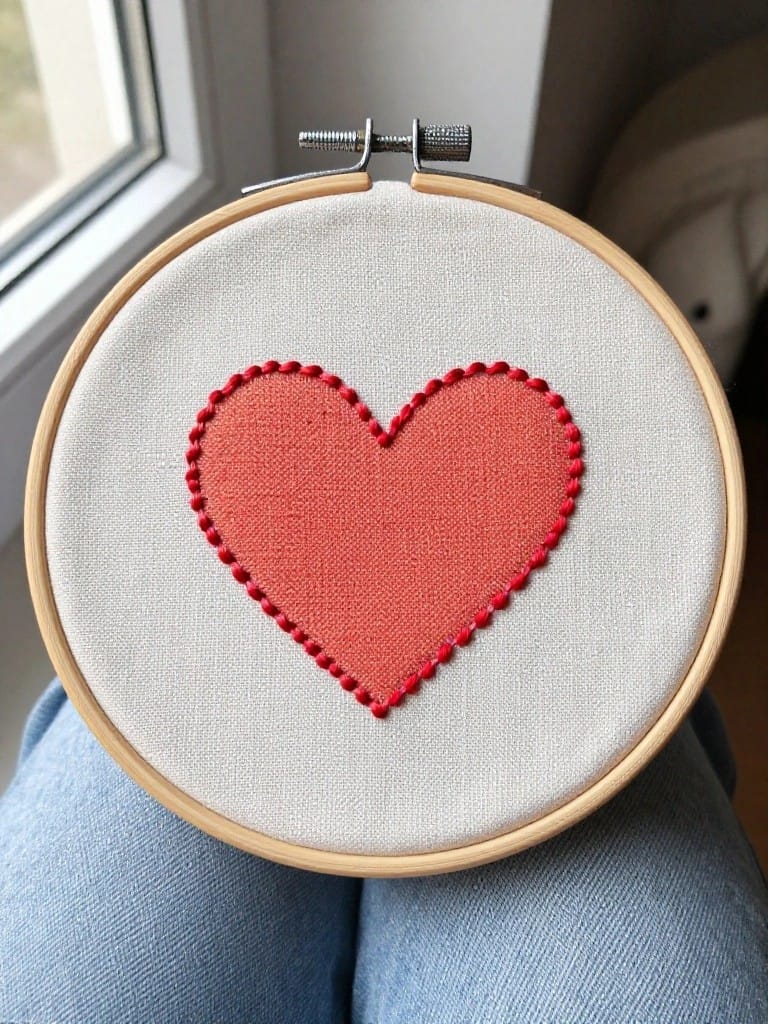 Embroidery hoop featuring a central red fabric heart applique edged in red beads on white fabric.