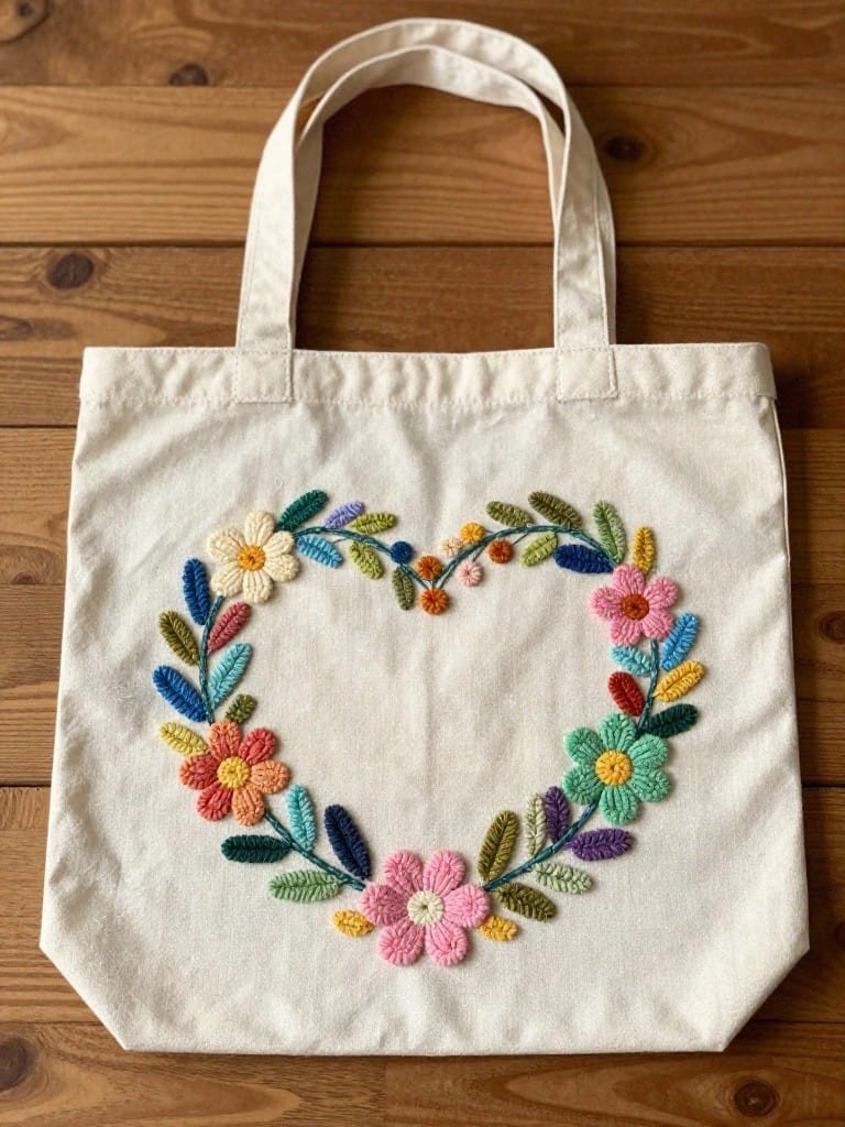 White canvas tote bag with a large embroidered heart-shaped wreath of colorful flowers, leaves, and berries in the center.
