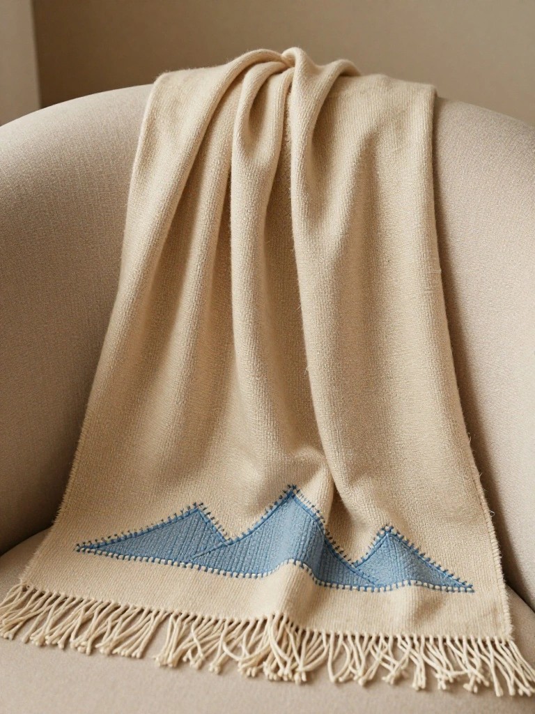 Cream blanket with blue embroidered triangular mountain peaks draped over a beige armchair.