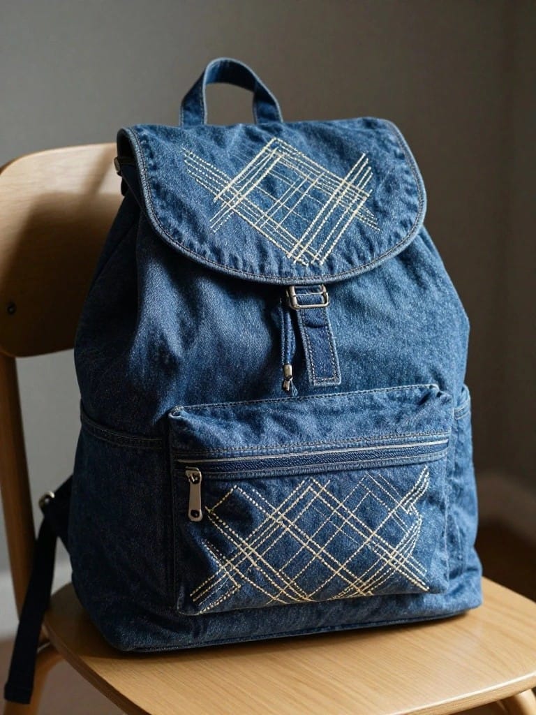 Blue denim backpack with white embroidered crisscross lines forming diamonds on the flap and front pocket.