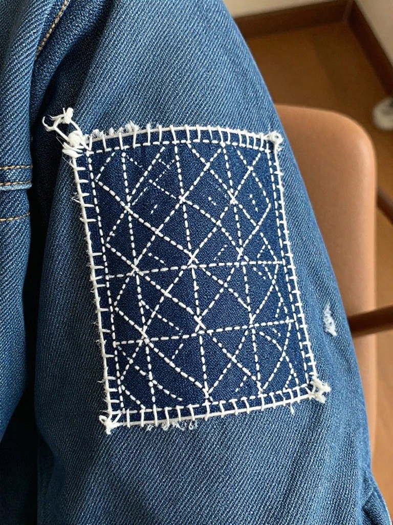 White sashiko-stitched square geometric diamond lattice patch sewn onto the upper sleeve of a blue denim jacket.