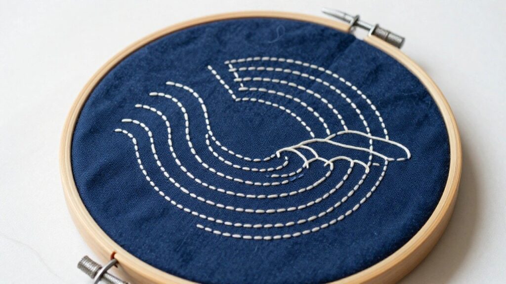 Wooden embroidery hoop holds navy fabric stitched with white threads in a dense inward spiral.