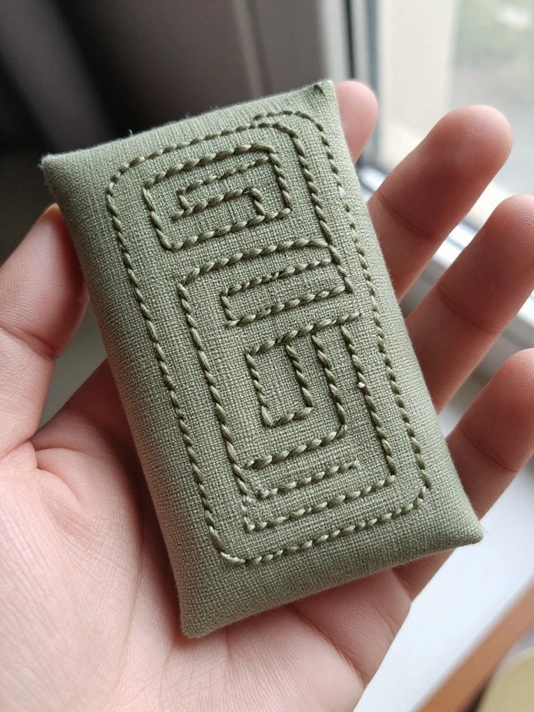 A hand holds a small olive green fabric pouch embroidered in white thread with a rectangular geometric labyrinth motif.
