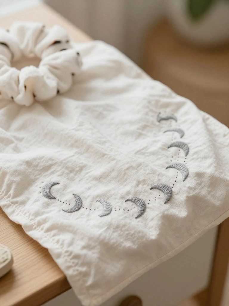 White rectangular fabric embroidered with gray crescent moons in a curved line, white scrunchie placed on top, draped over wooden furniture.