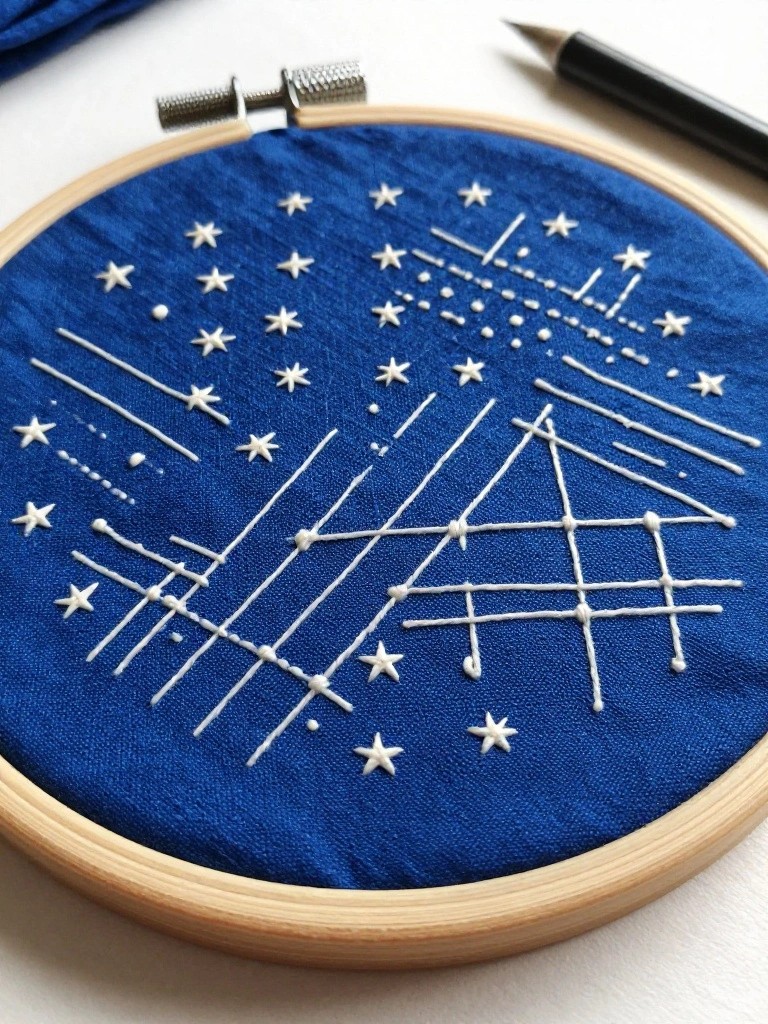 Wooden embroidery hoop with navy fabric stitched in white featuring scattered stars and intersecting straight lines.