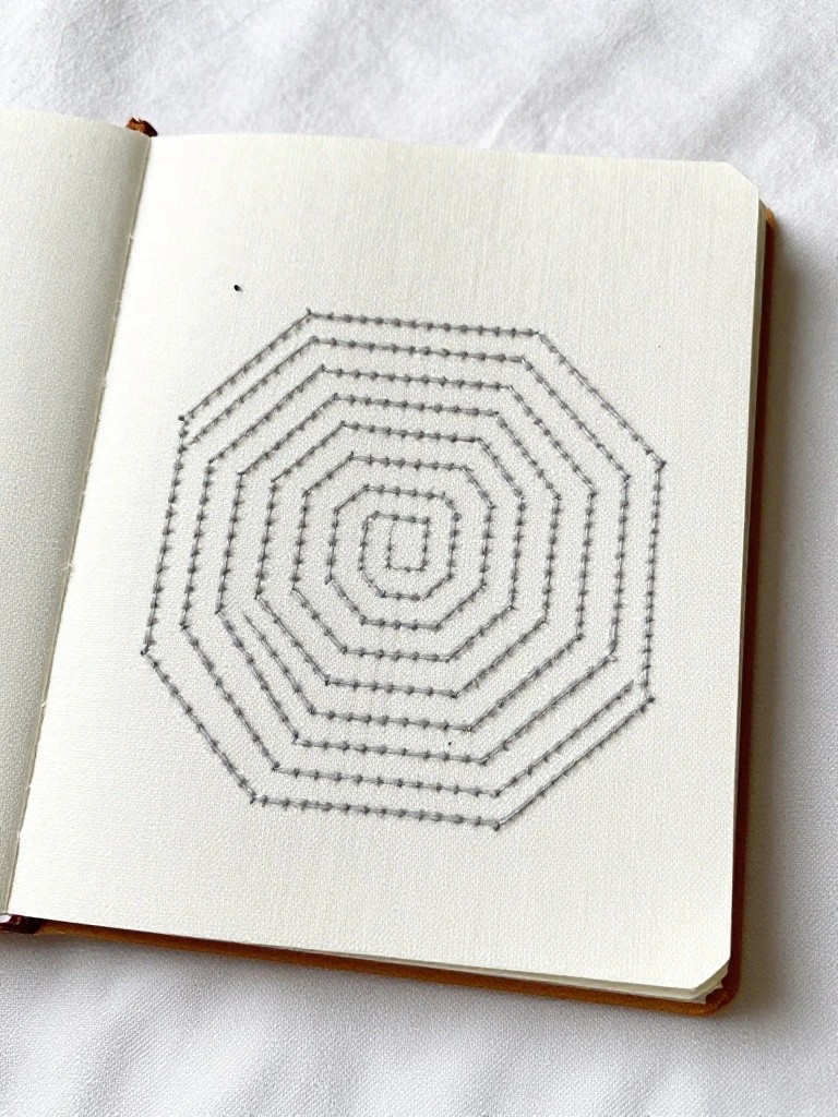 Open notebook with gray embroidered concentric octagons on a white page.
