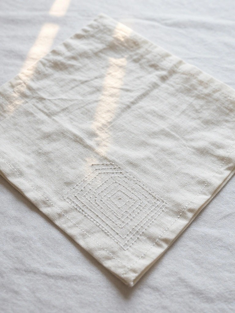 White square cloth with central white embroidered nested square geometric motif.