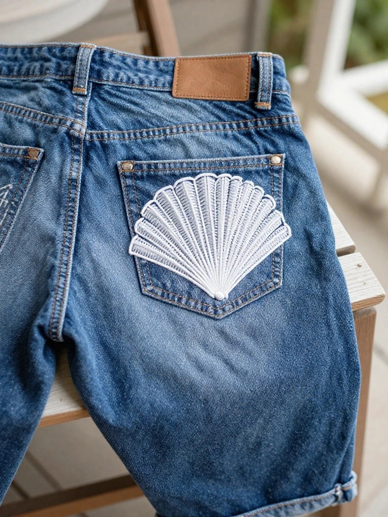 Blue denim shorts draped over a chair with a white embroidered scallop shell on the back pocket flap.