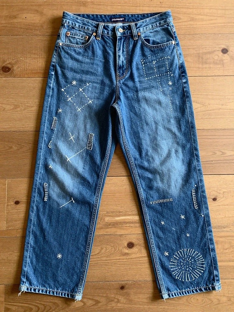 Blue straight-leg jeans with white embroidered stars, constellations, and galaxy patterns running down the outer legs.