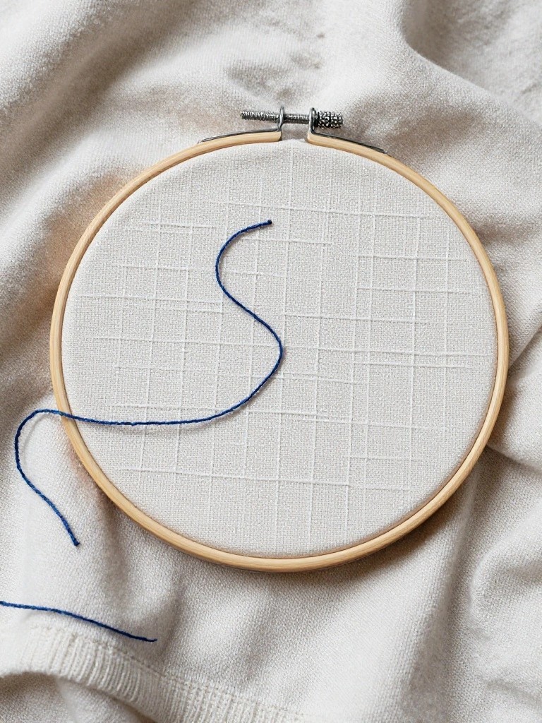 Embroidery hoop on white fabric with a blue stitched S centered on white gridded fabric.