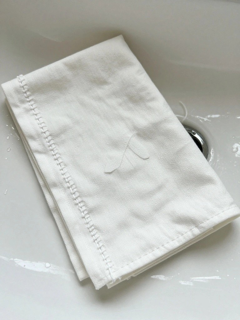 White cloth napkin with subtle white embroidered curves lies wet in a white sink.