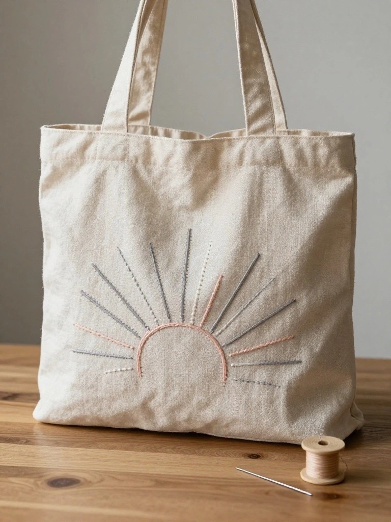 Beige canvas tote bag with embroidered semi-circle sun and radiating rays in pink, orange, and gray threads on the front, placed on a wooden table with a spool of thread and needle nearby.