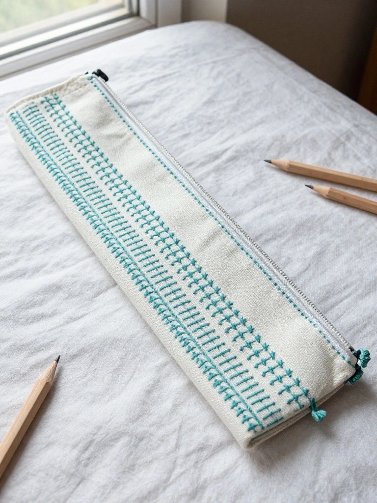 White zippered canvas pouch with teal embroidered parallel lines on a white surface next to pencils.