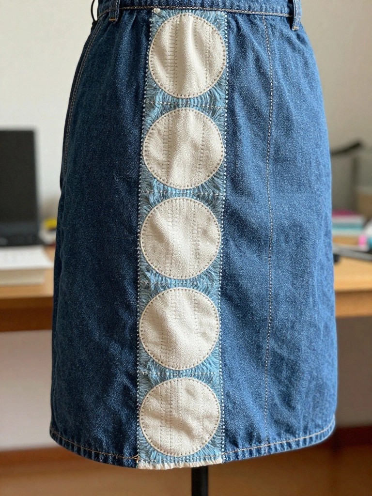 Denim skirt on a stand with a vertical column of alternating white and blue circular embroidered patches along the side seam.