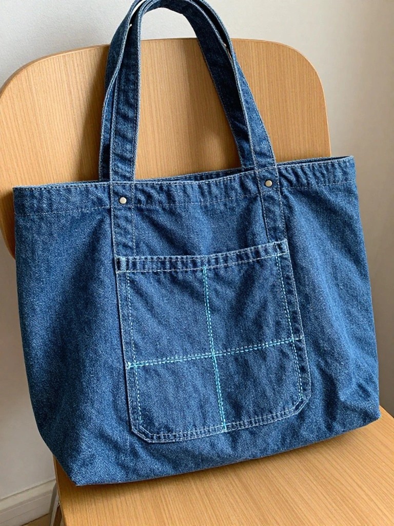 Blue denim tote bag with white grid embroidery on the front pocket, draped over a wooden chair.