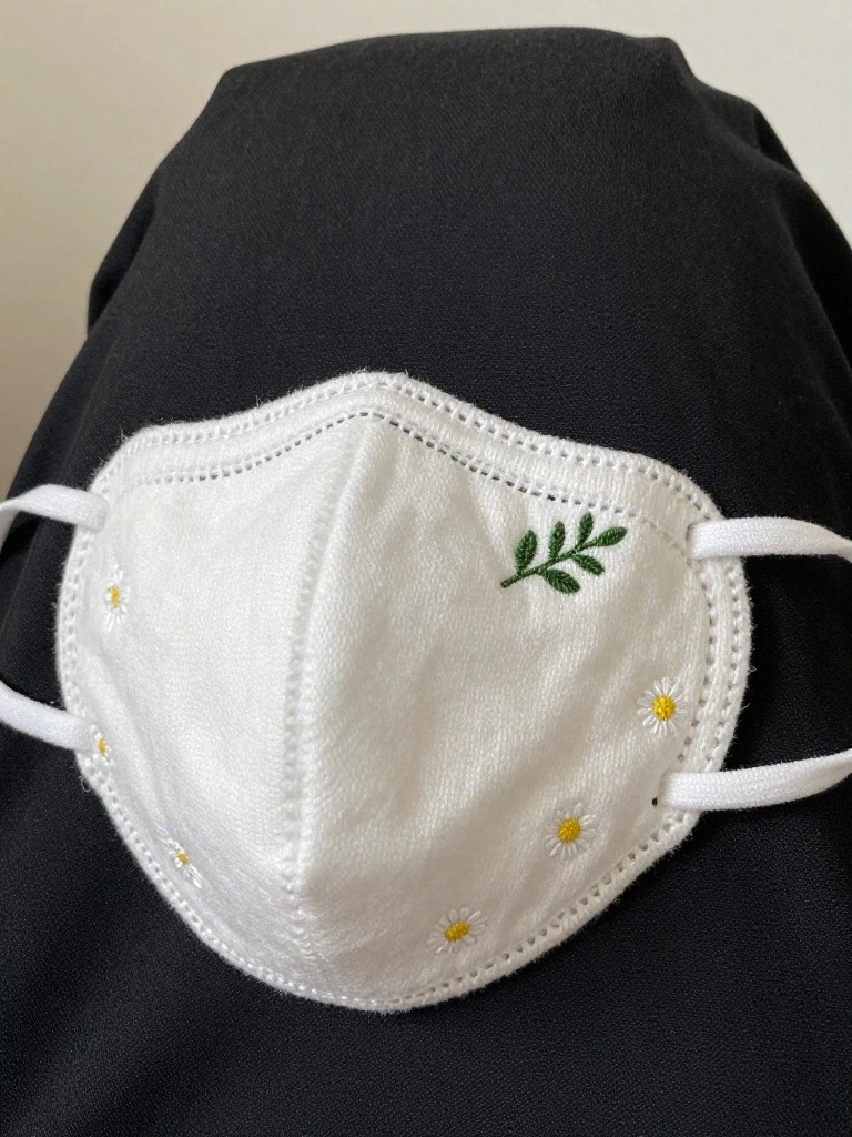 White fabric face mask embroidered with small yellow-centered daisies and a green leaf sprig, worn under a black hijab.
