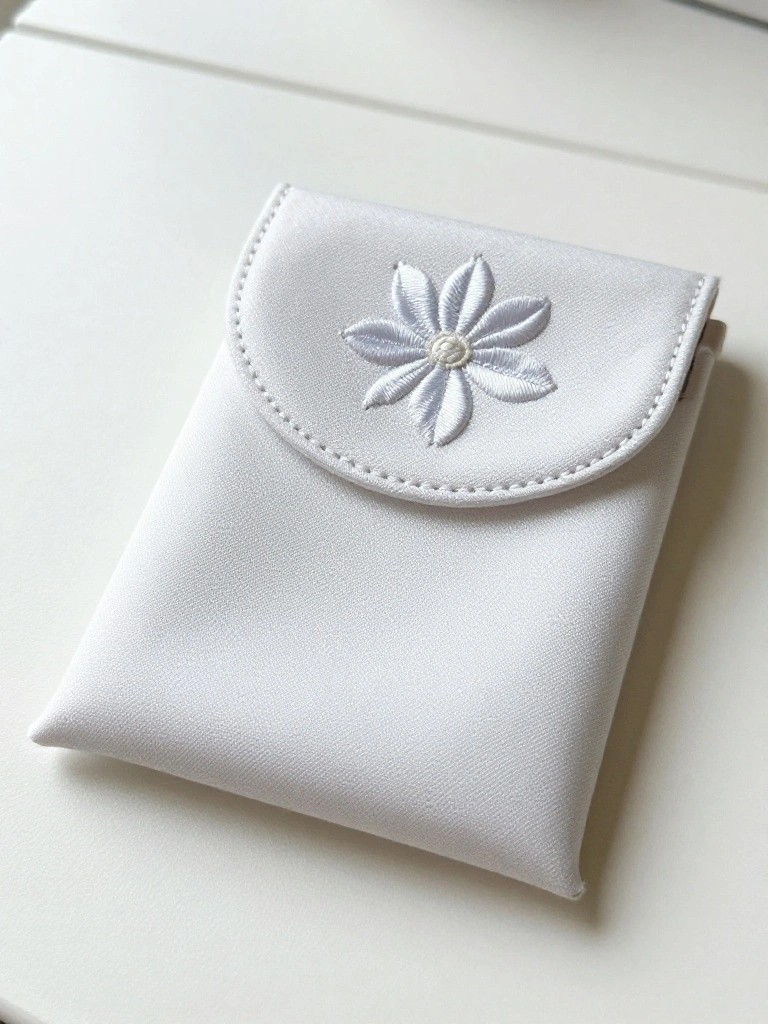 Small white fabric pouch with white embroidered daisy flower and pearl center on front flap.