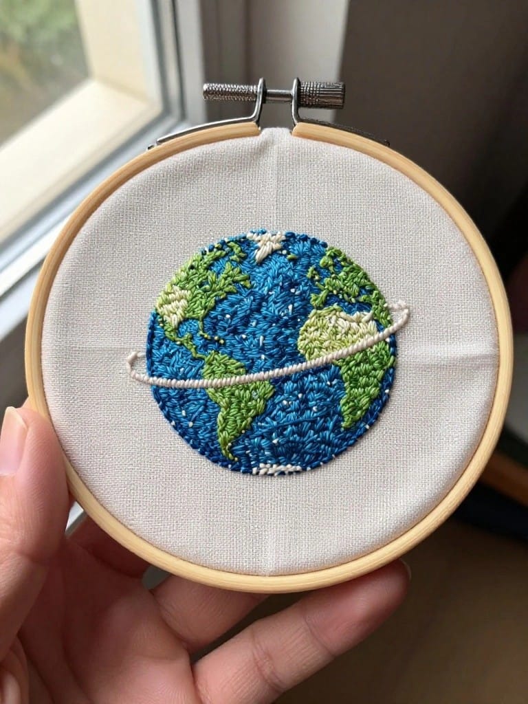A hand holds a small wooden embroidery hoop displaying a stitched blue-and-green Earth globe with an orbital ring on white fabric.