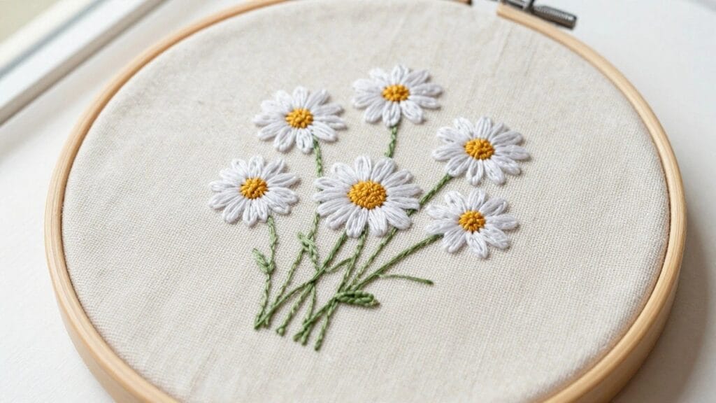 Embroidery hoop featuring a bunch of white daisies with yellow centers and green stems on white fabric.