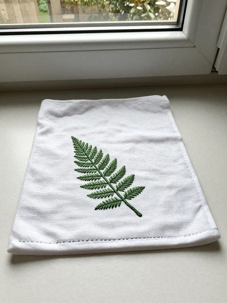 White rectangular fabric pouch with a central green embroidered fern leaf on a table by a window.