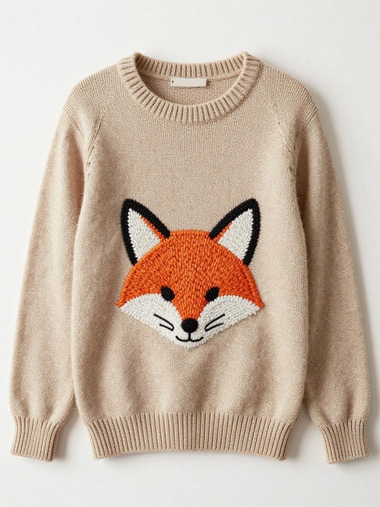 Beige crew-neck knit sweater with orange fox face applique or embroidery on the front chest.
