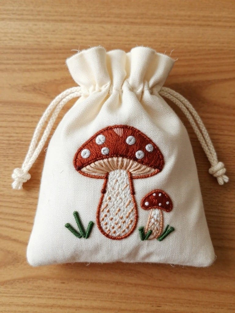 White drawstring pouch embroidered with large and small red-capped mushrooms with white spots on green grass stems.