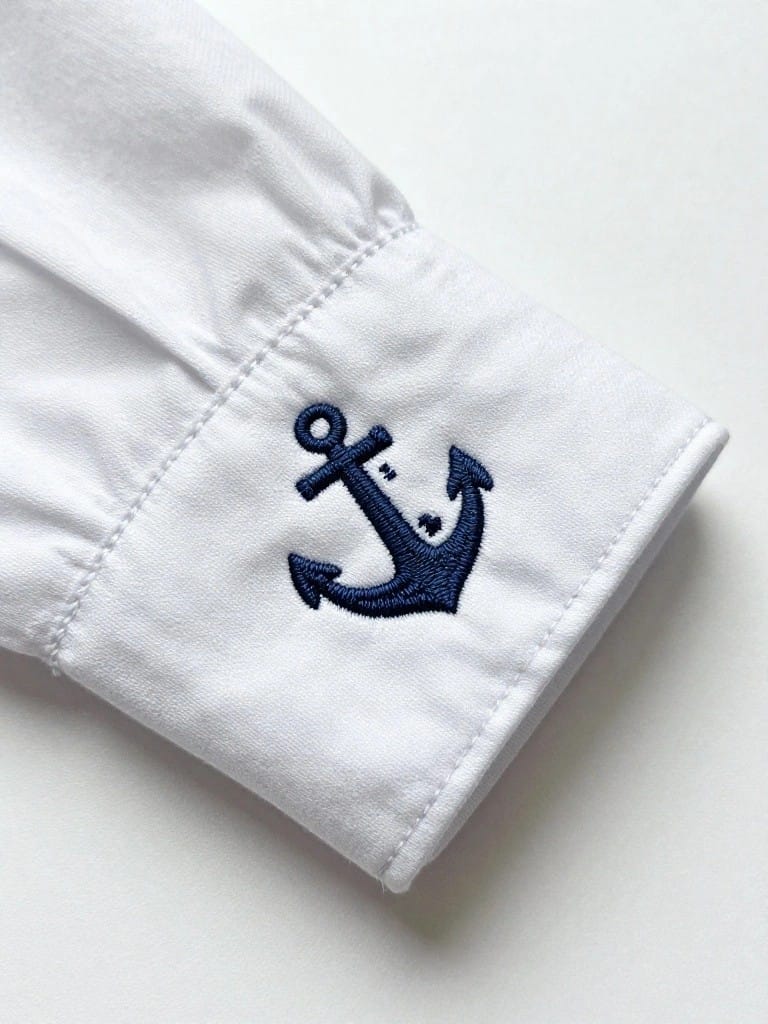 Close-up of a white fabric shirt cuff with a small navy blue embroidered anchor design near the edge.