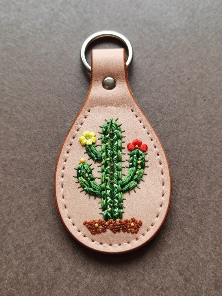 Tan leather teardrop key fob embroidered with green cactus, red and yellow flowers, orange ground dots, metal ring, and snap closure.