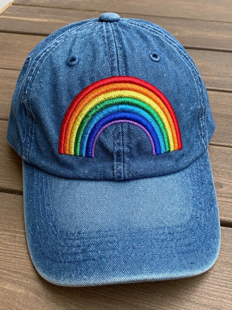Blue denim baseball cap with a multicolored embroidered rainbow arc on the front panel.