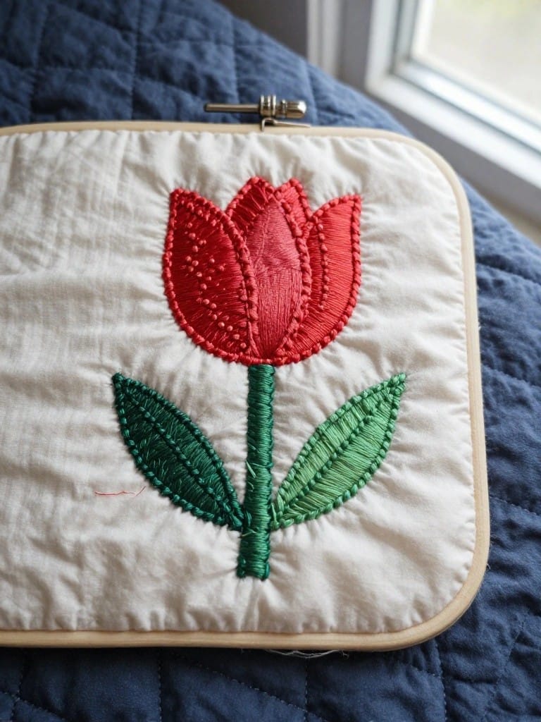 Red embroidered tulip with green stem and leaves on white fabric in a wooden embroidery hoop.