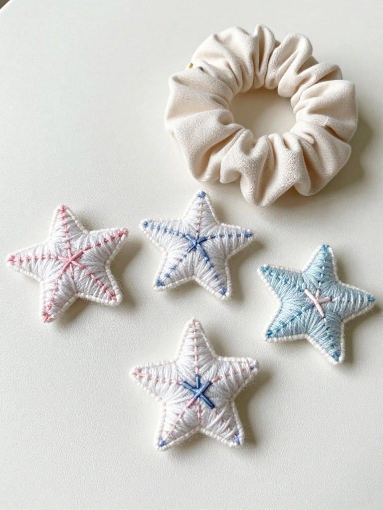 Four small embroidered star patches in white fabric with pink and blue stitching arranged around a beige scrunchie on a white surface.