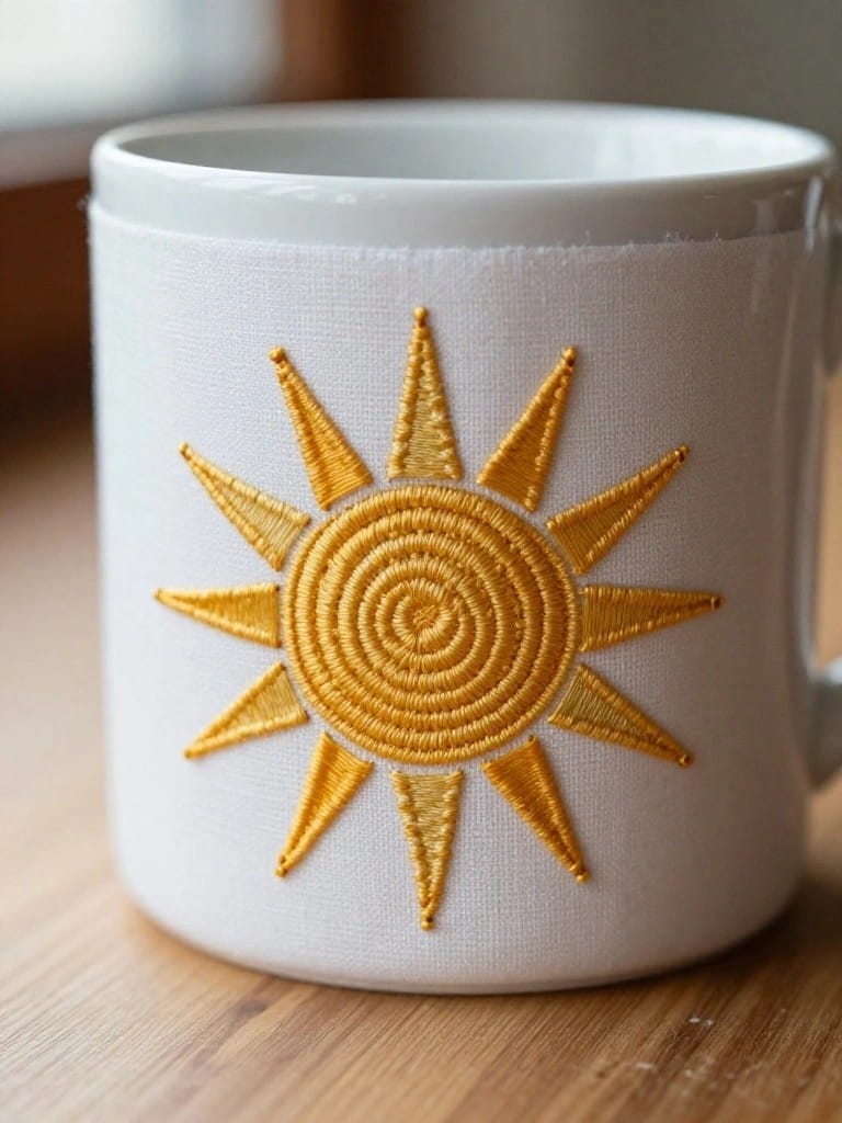 White ceramic mug with yellow embroidered sun motif featuring spiral center and radiating rays on the side.