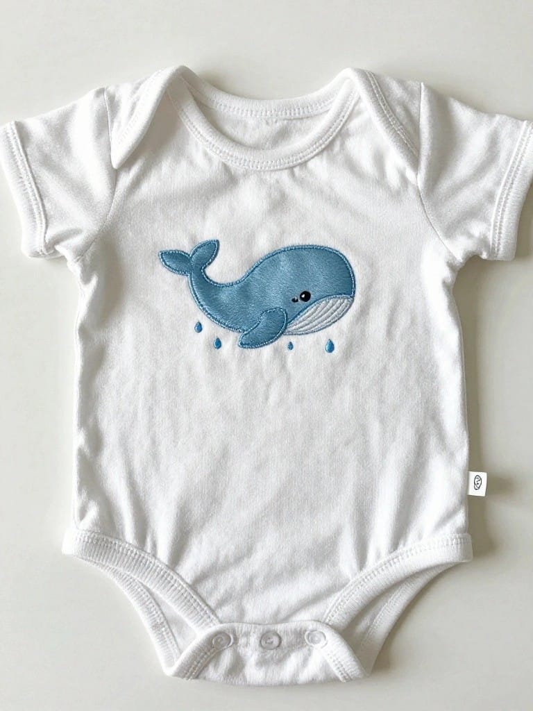 White baby onesie with blue embroidered whale and water drops on the front chest.