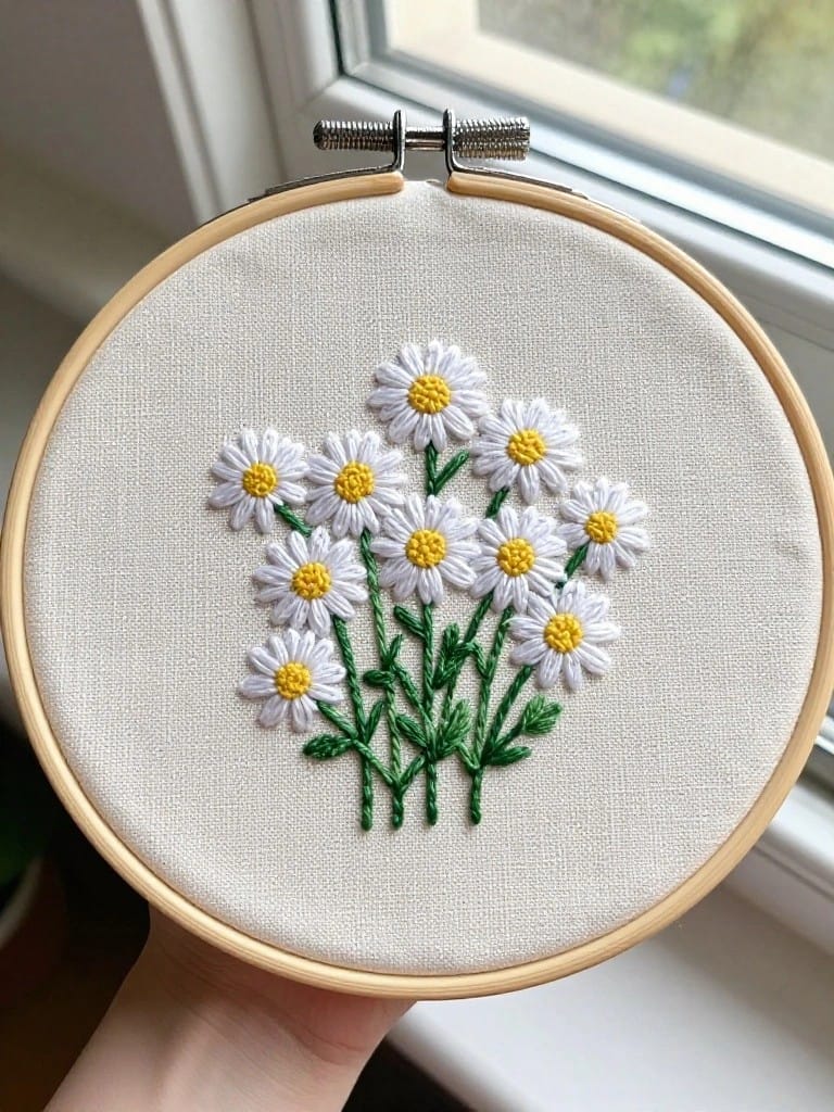 Embroidery hoop featuring a bunch of white daisies with yellow centers and green stems on white fabric.