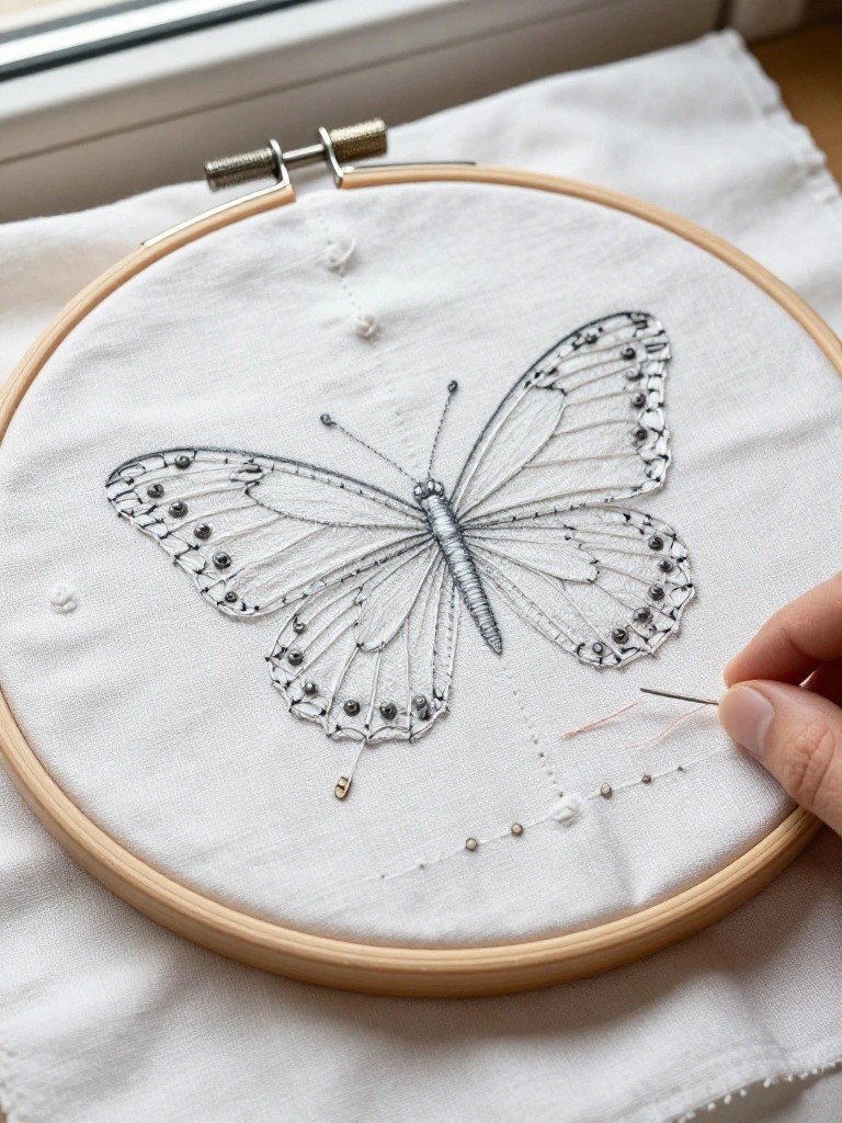 Wooden embroidery hoop holding white fabric with a black-outlined white butterfly motif midway through stitching, hand with needle and pink thread nearby.