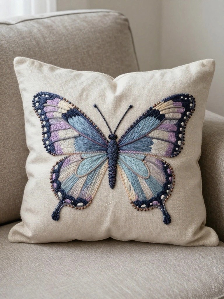 A cream fabric pillow with a large embroidered butterfly in blues and purples centered on the front panel.