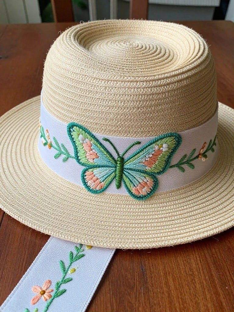 Straw hat with white ribbon band embroidered with pink-and-green butterfly, leaves, and flowers around the crown and on the chin strap.