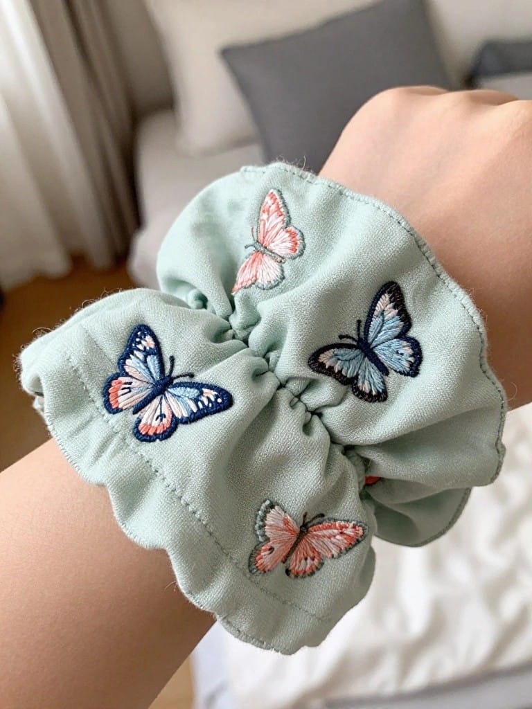Green fabric scrunchie with multicolored butterfly embroidery worn on a wrist.
