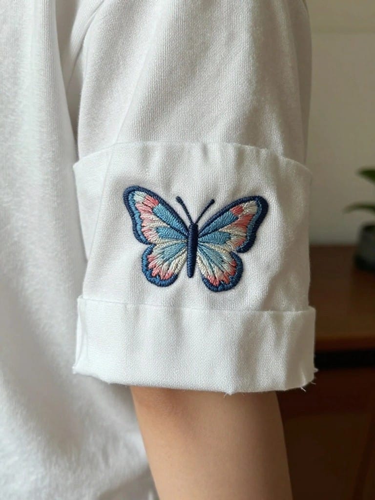 White short-sleeved shirt with a pink, blue, and white embroidered butterfly on the rolled upper sleeve.