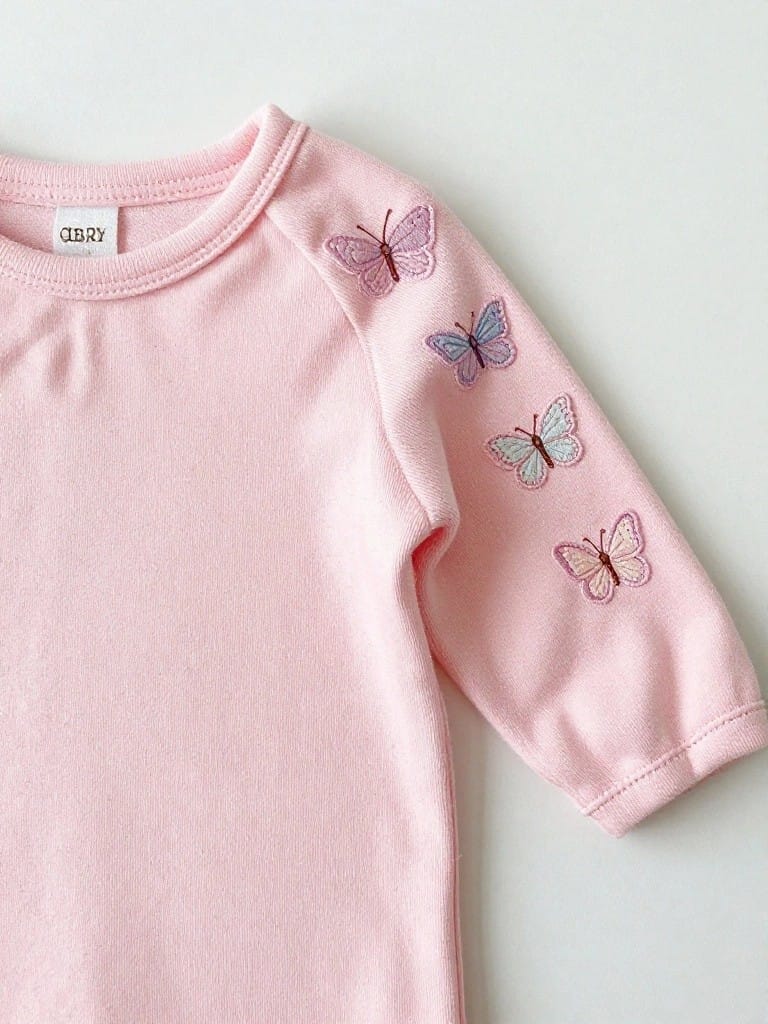 Pink baby onesie with small embroidered butterflies in pastel shades clustered on the long sleeves.