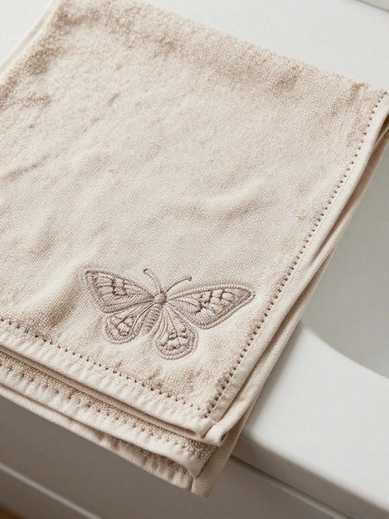 Beige hand towel folded over a bathroom surface with an embroidered butterfly motif on one lower corner.