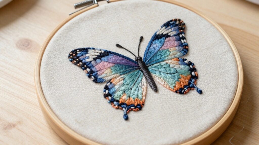 A hand holds a wooden embroidery hoop framing a detailed butterfly embroidered in purple, pink, and blue on white fabric.