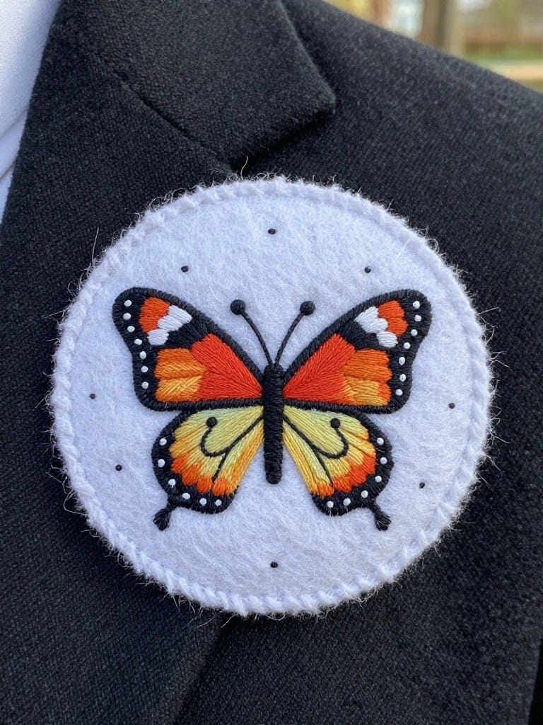 Embroidered orange monarch butterfly on white felt circle pinned to black blazer lapel.