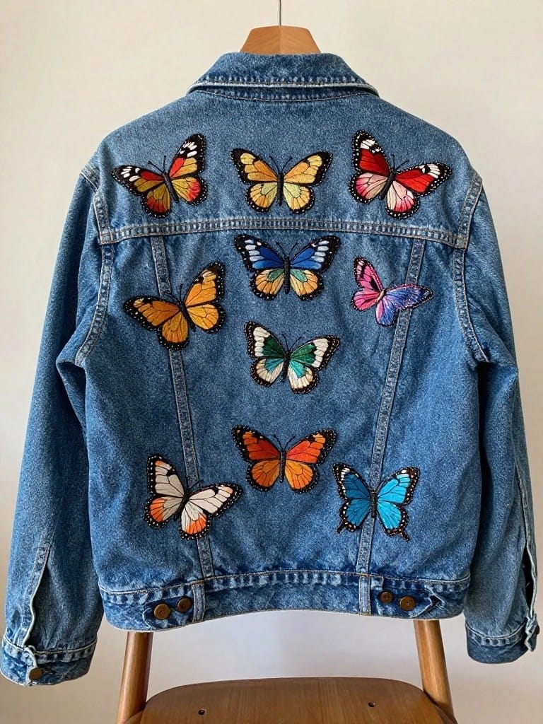 Blue denim jacket back covered in embroidered butterflies of various colors, sizes, and wing patterns, hanging on a wooden hanger.