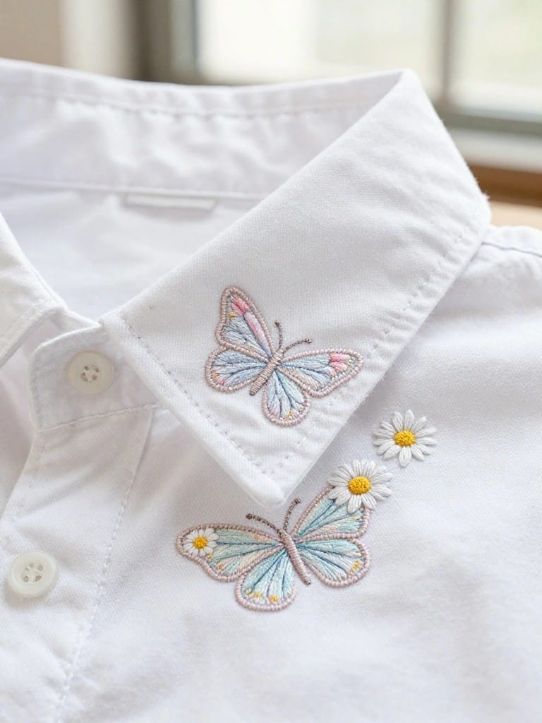 White collared shirt with small embroidered pastel butterflies and daisies on the collar points and one larger butterfly below the collarband.