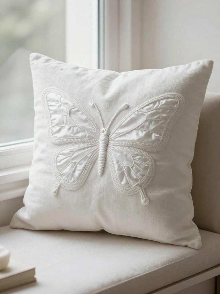 White square pillow embroidered with a detailed white butterfly centered on the front panel, sitting on a white window bench.