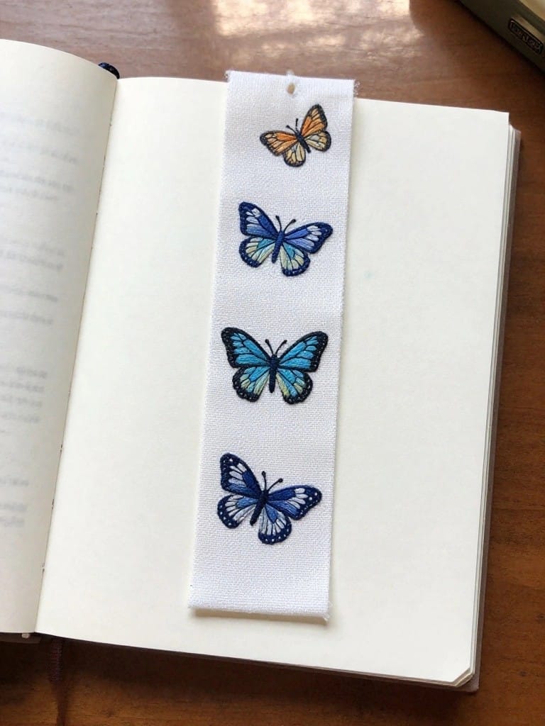 White satin ribbon bookmark embroidered with four butterflies stacked vertically in orange and shades of blue, inserted into an open notebook on a wooden table.
