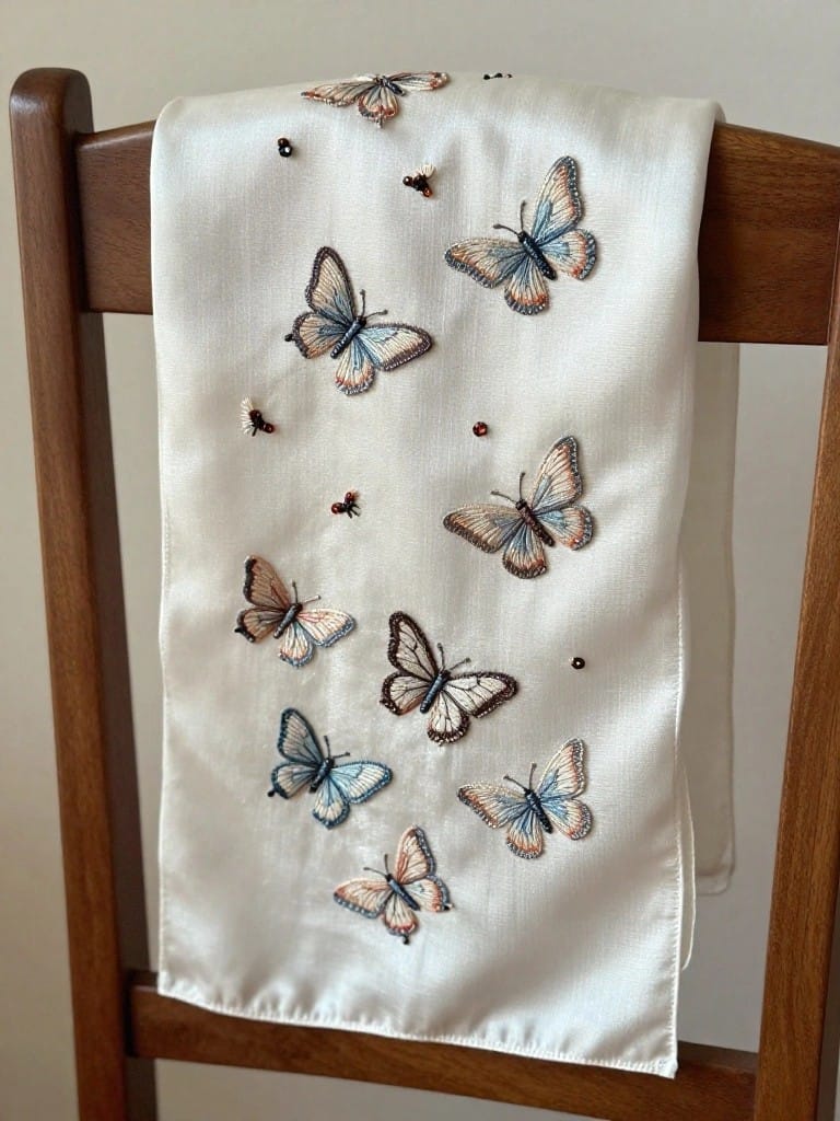 White silk scarf with embroidered blue butterflies and black bead accents draped over a wooden chair back.