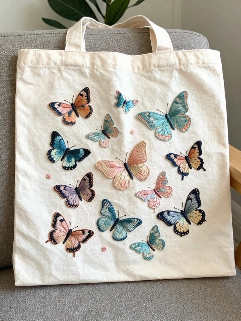 White canvas tote bag with embroidered butterflies in pink, blue, purple, and orange scattered across the front.