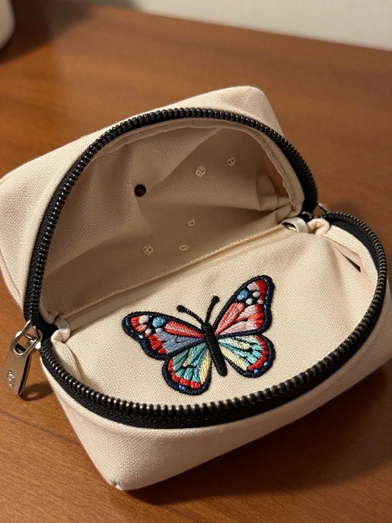 Open beige canvas zippered pouch with a colorful embroidered butterfly on the front flap.